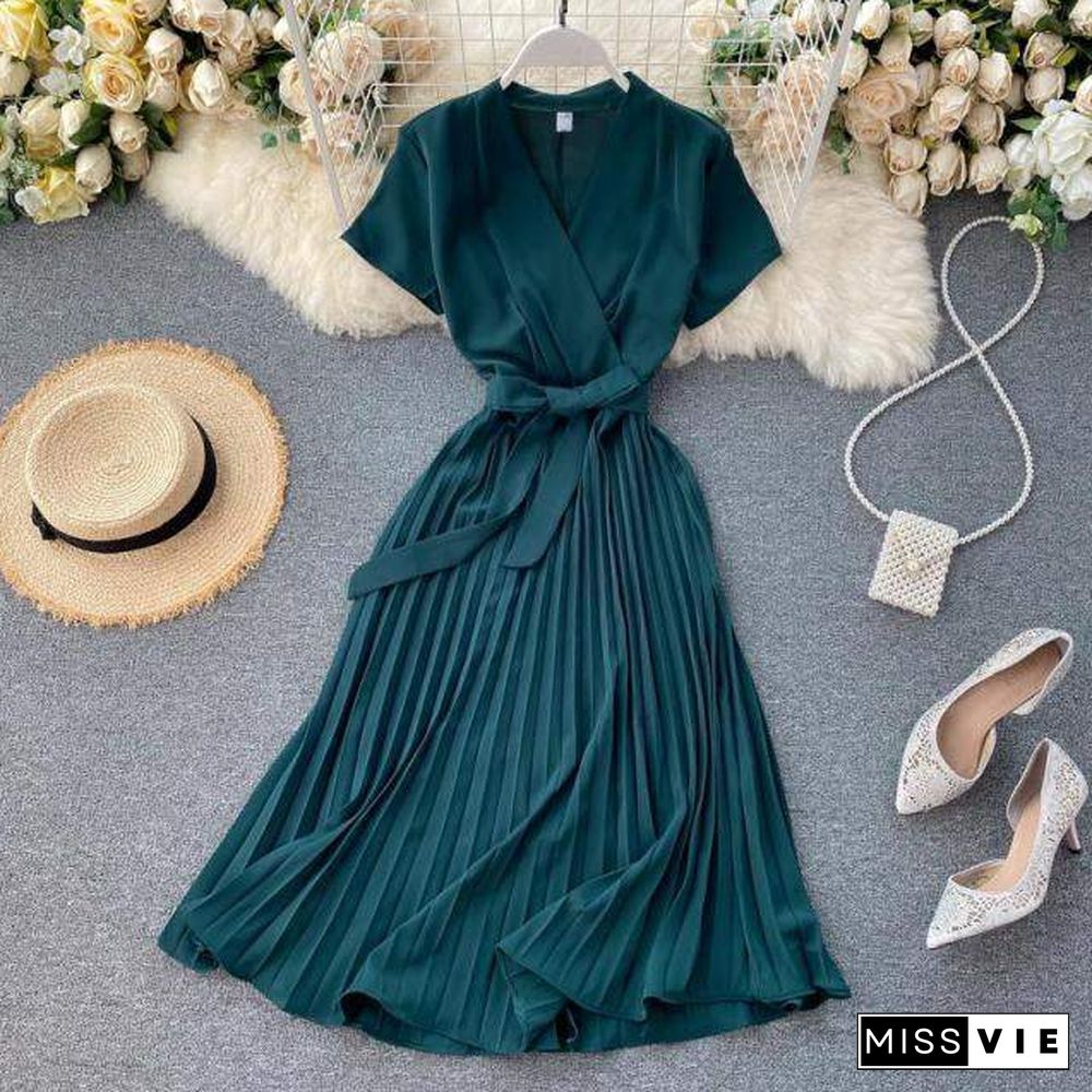 Autumn Fashion New Female Solid Pleated Dress Women V neck Short Sleeves Sashes Long Dresses Summer Streetwear Vintage