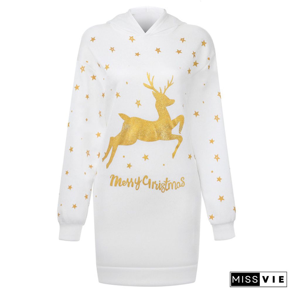 Women's Fashion Long Sleeve Hoodies Christmas Deer Printed Slim Long Pollovers Casual Hoodies Dress Plus Size S-3Xl