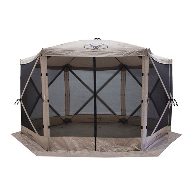 Gazelle Tents G6 8 Person 12 x27 X 12 x27 Pop Up 6 Sided Portable Hub Gazebo Screen Canopy Tent With Large Main Door Wind Panels And Screens Desert Sand