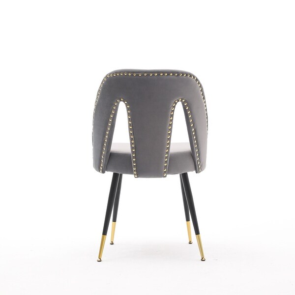Contemporary Velvet Upholstered Dining Chair with Nailheads and Gold Tipped Black Metal Legs Set of 2