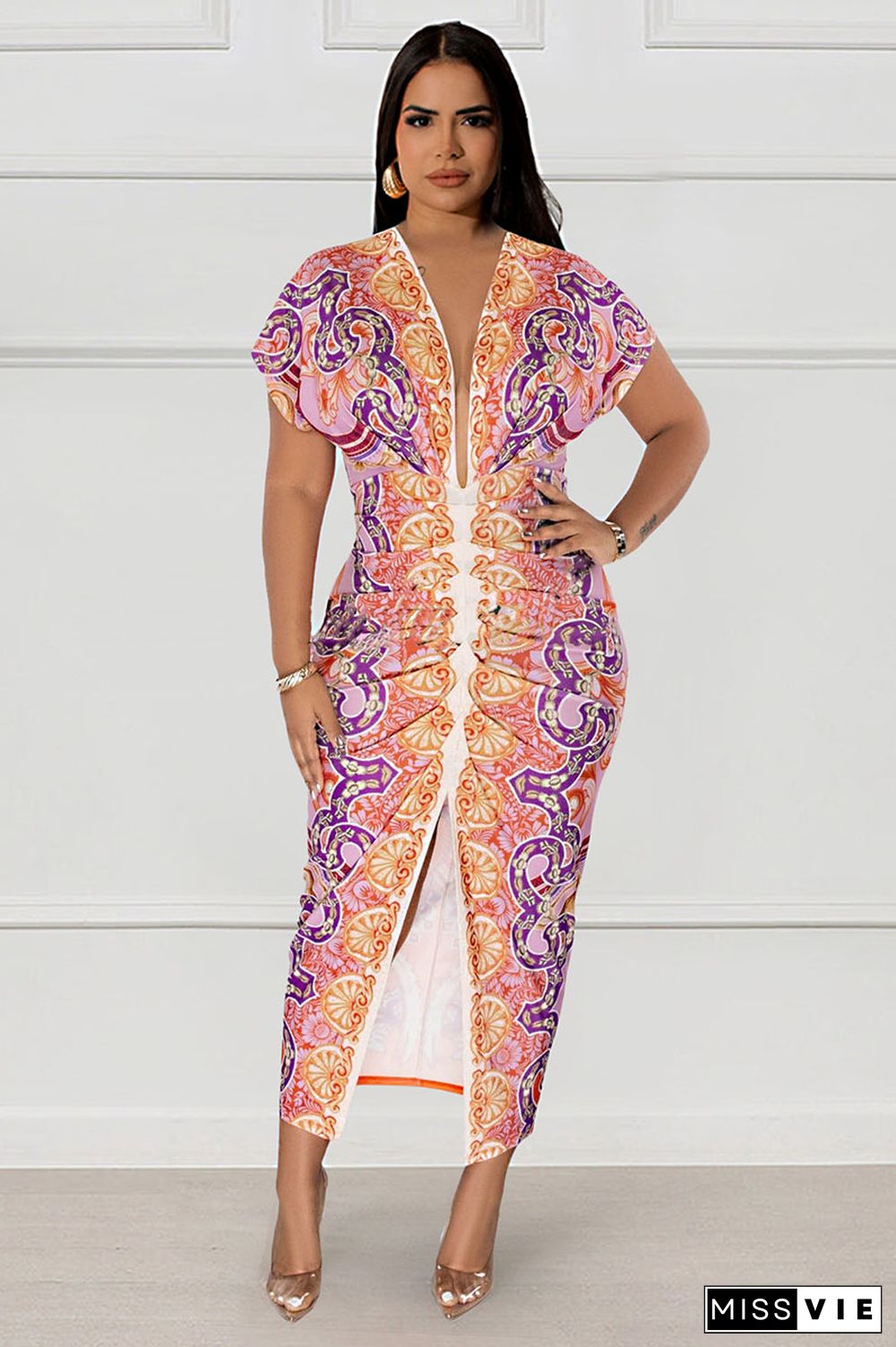 Tribal Print V Neck Short Sleeve Ruched Slit Bodycon Vacation Midi Dress