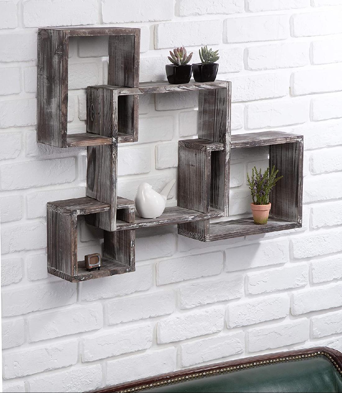 Rustic Wood Shelves -Floating Intersecting Wall Shelves with Cubes, Wall-Mounted Square, Antique Style Shadowbox, Decorative Collection Display Organizer.