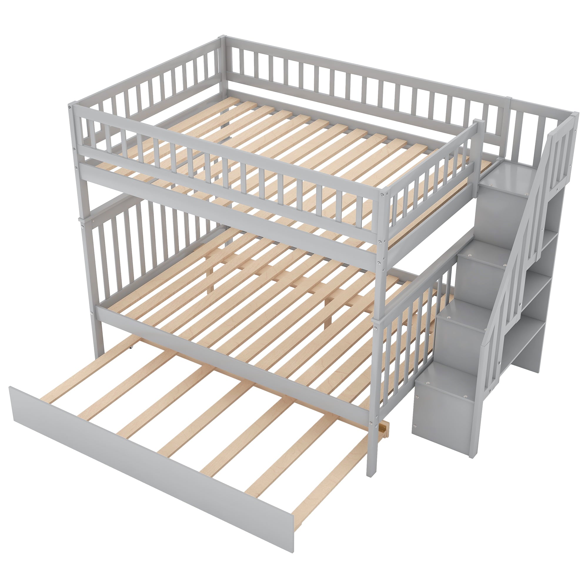 Euroco Full over Full Bunk Bed with Trundle and Storage Shelves for Kids, Gray