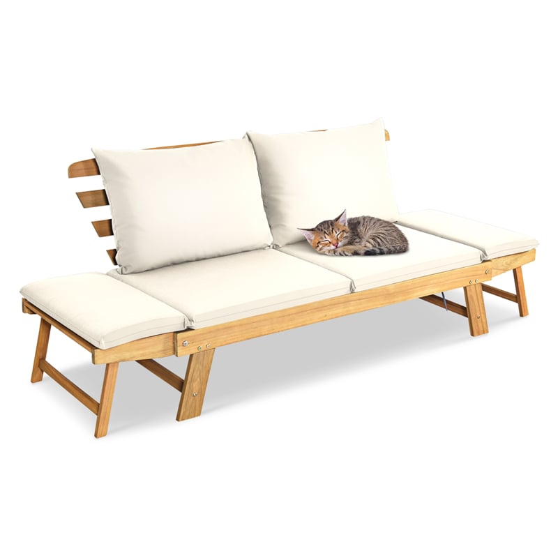 Outdoor Daybed Acacia Wood Convertible Couch Sofa Bed with Adjustable Armrest & Cushion