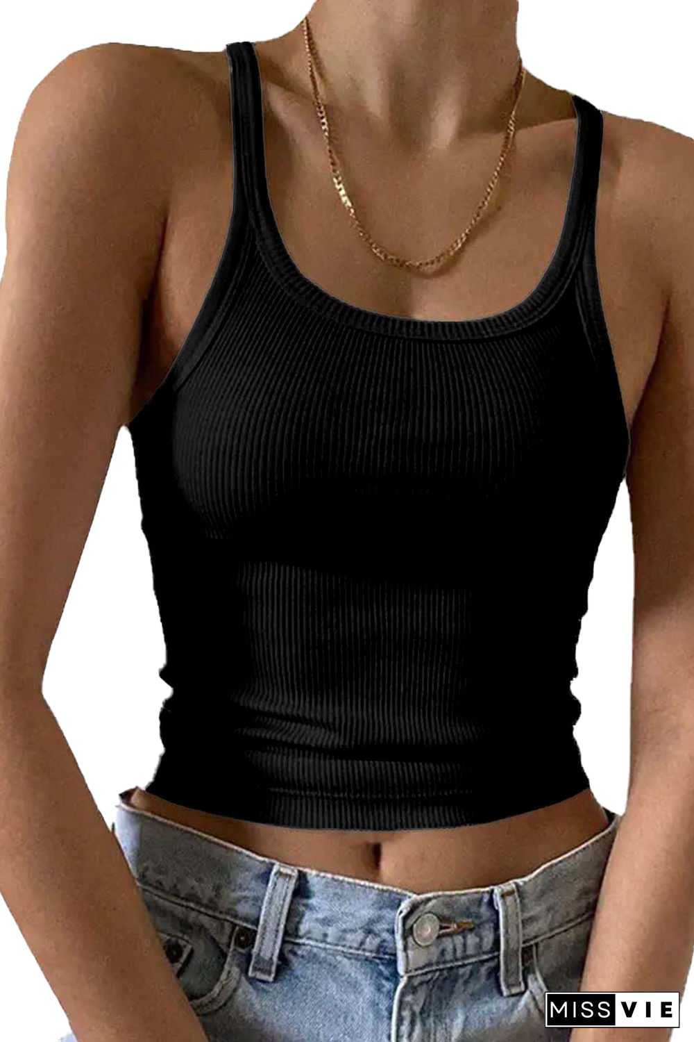 Black Ribbed Knit Cropped Tank Top