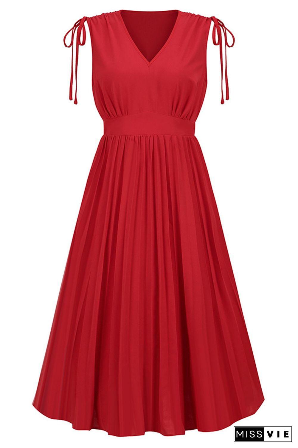 V Neck High Waist Ruched Neck Pleated Midi Dress