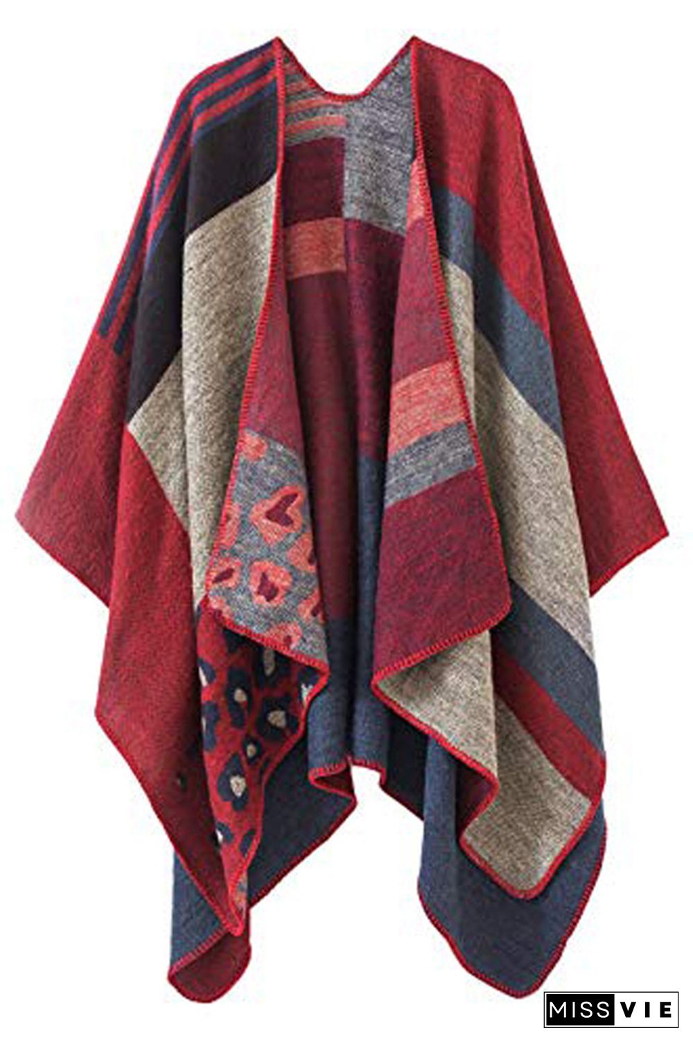 Colorblock Contrast Front Open Plaid Cape Cover Up