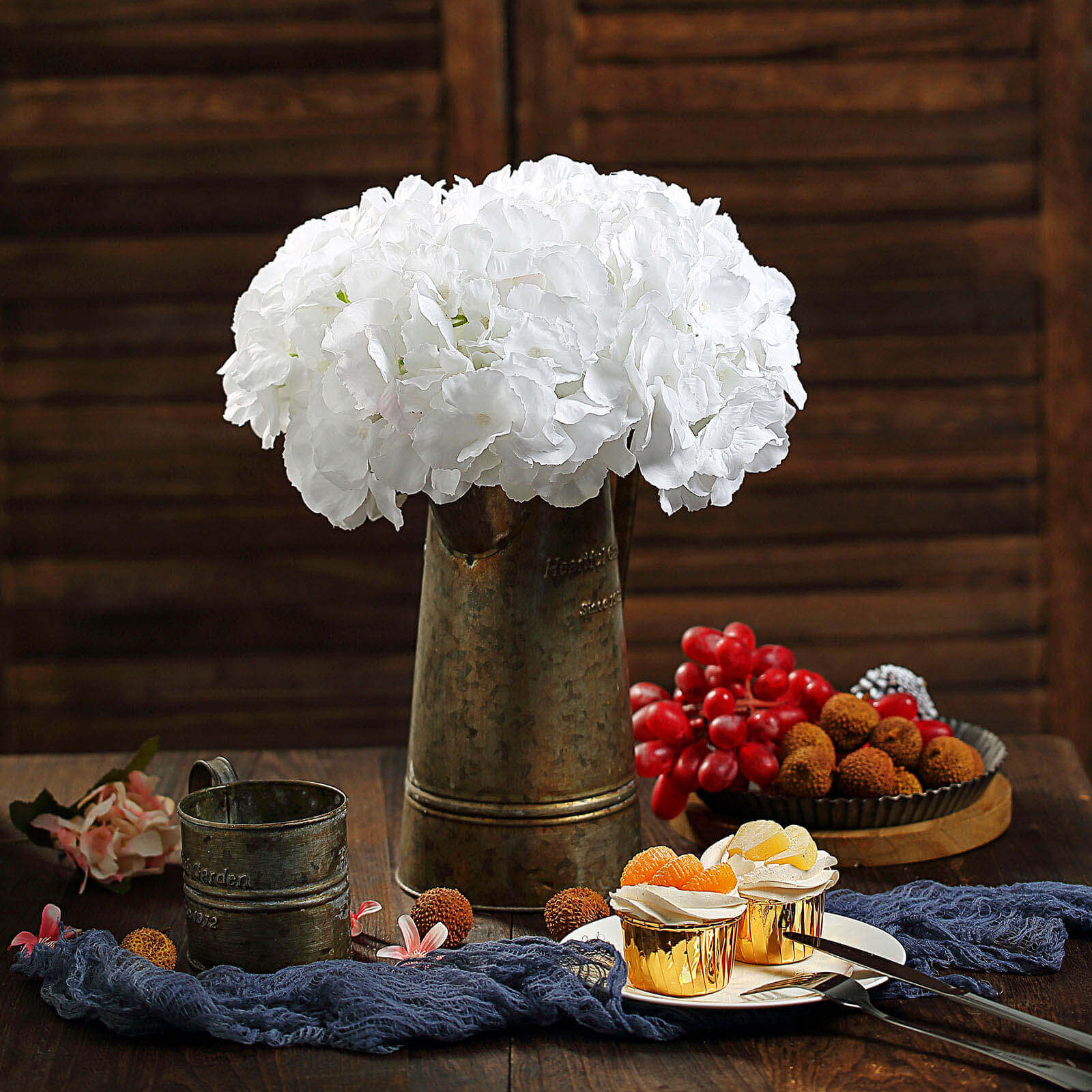 10 Flower Head and Stems White Artificial Satin Hydrangeas, DIY Arrangement