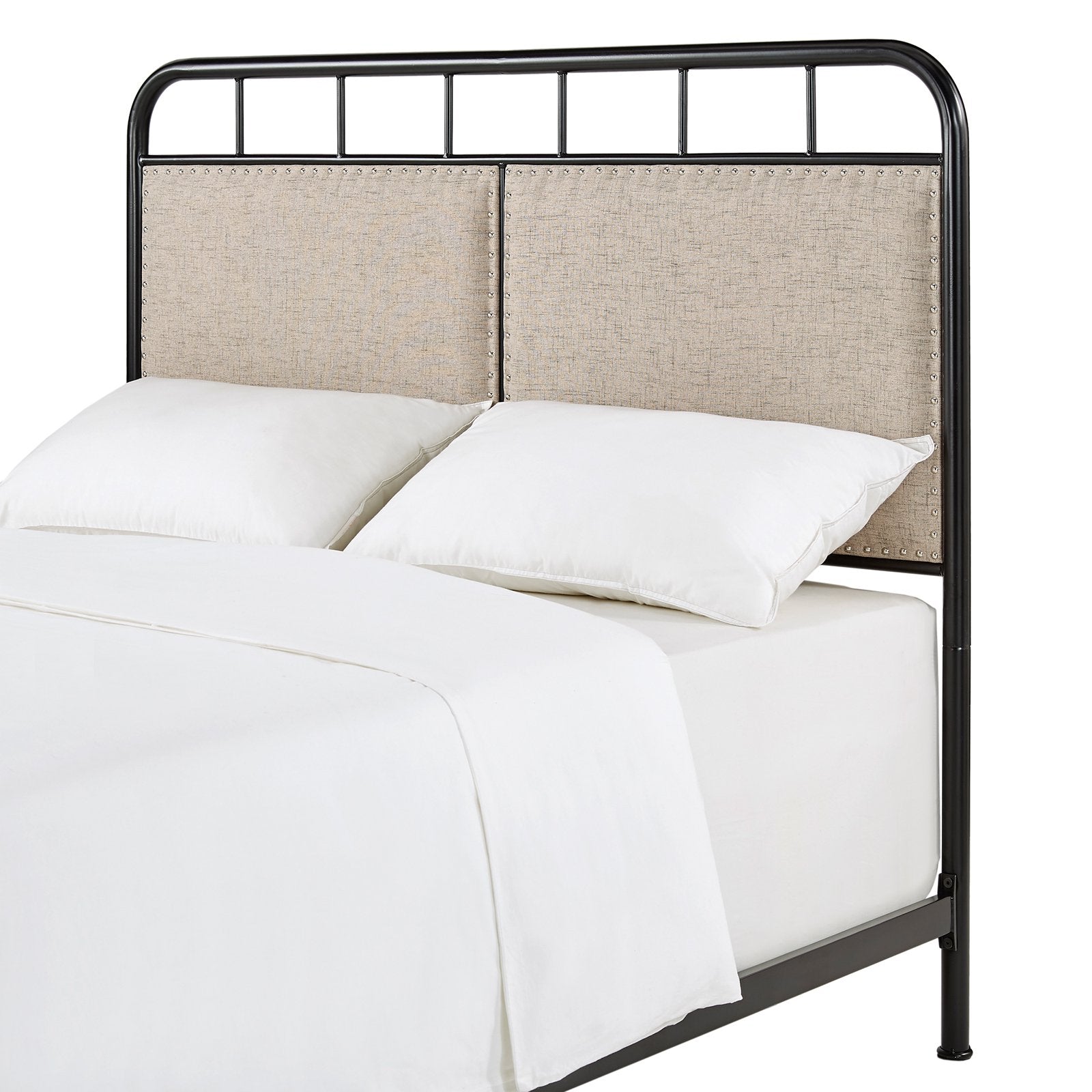 Weston Home Exton Black Metal Queen Bed with Beige Upholstered Headboard and Footboard