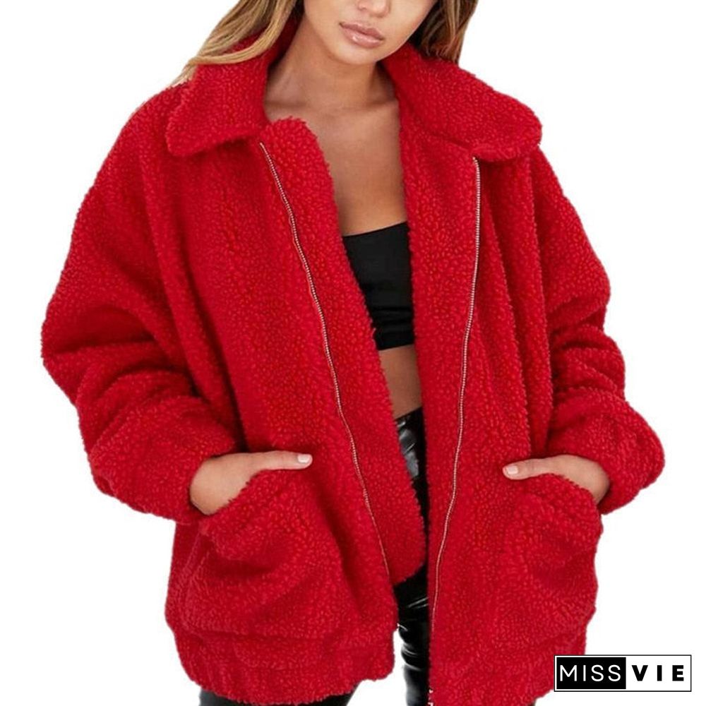 Elegant Faux Fur Coat Women Autumn Winter Thick Warm Soft Fleece Jacket Female Pocket Zipper Overcoat Bear Teddy Coat 3XL