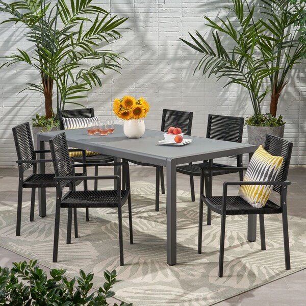 Gaviota Outdoor Modern 6 Seater Aluminum Dining Set with Tempered Glass Table Top by Christopher Knight Home