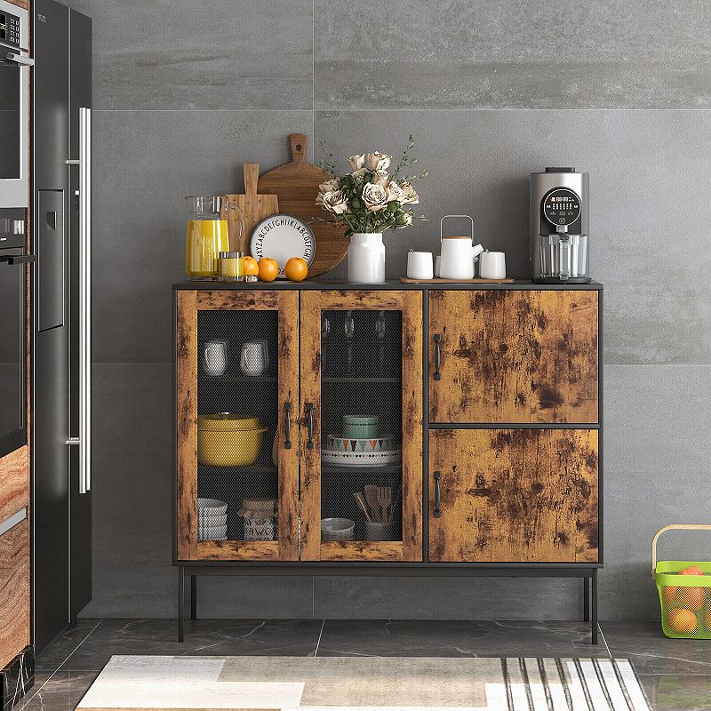 48 Industrial Kitchen Buffet Sideboard with Metal Mesh Doors and Anti-toppling Device-Brown