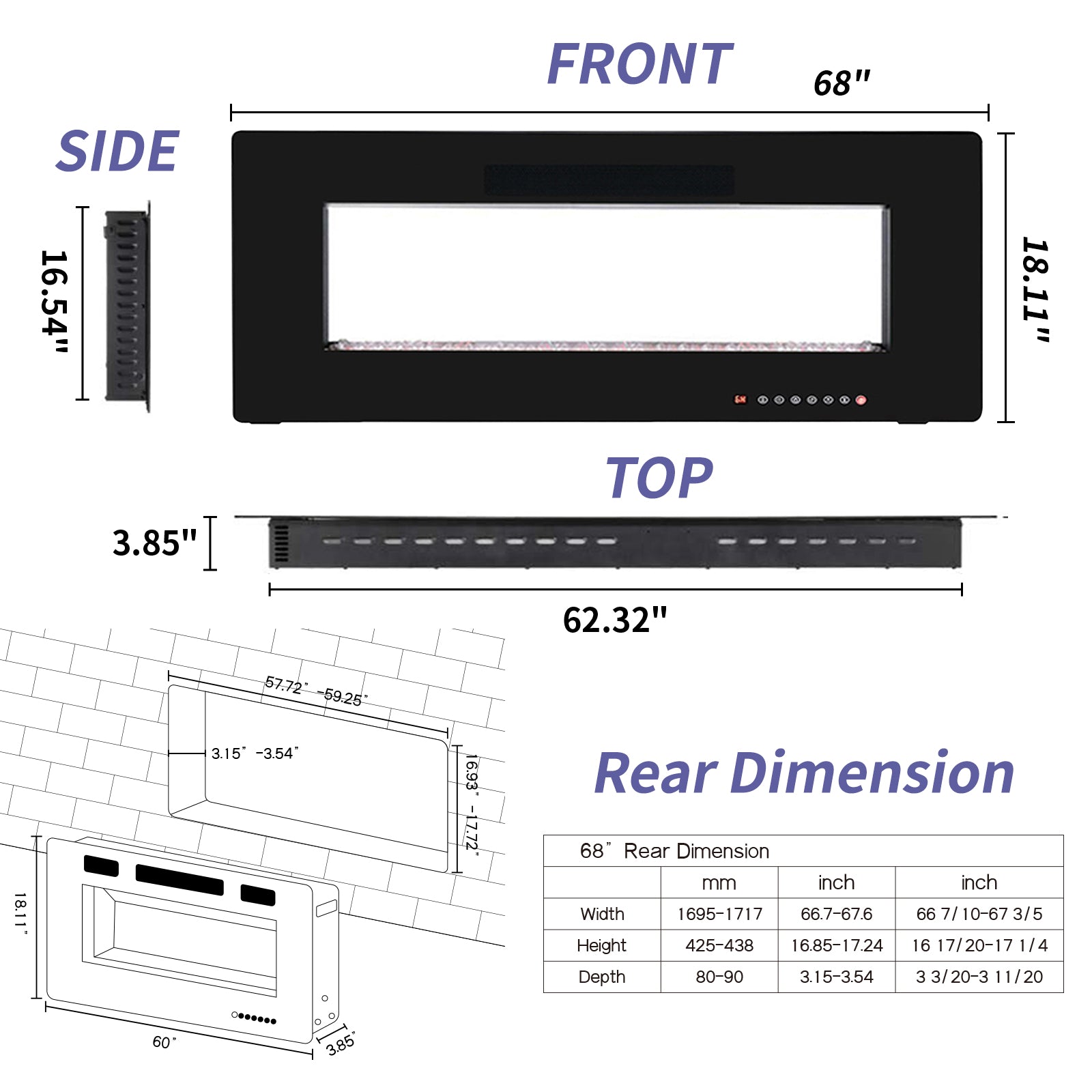 YUKOOL 68" Electric Fireplace Insert and Wall Mount, Touch Screen, Remote