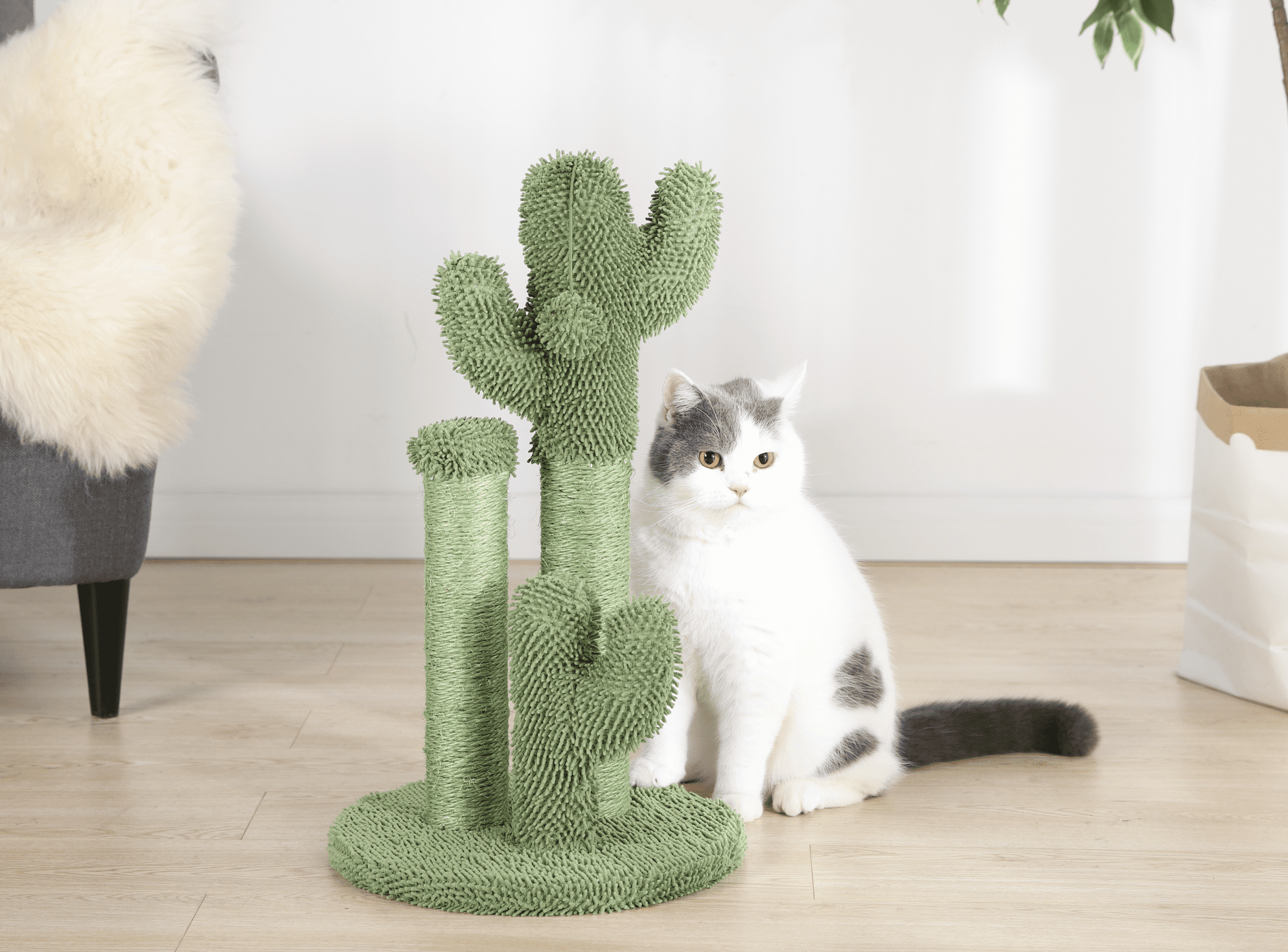 Vibrant Life Cactus 3-Arm Chenille， Sisal and Jute Cat Scratching Post with Cat Toy