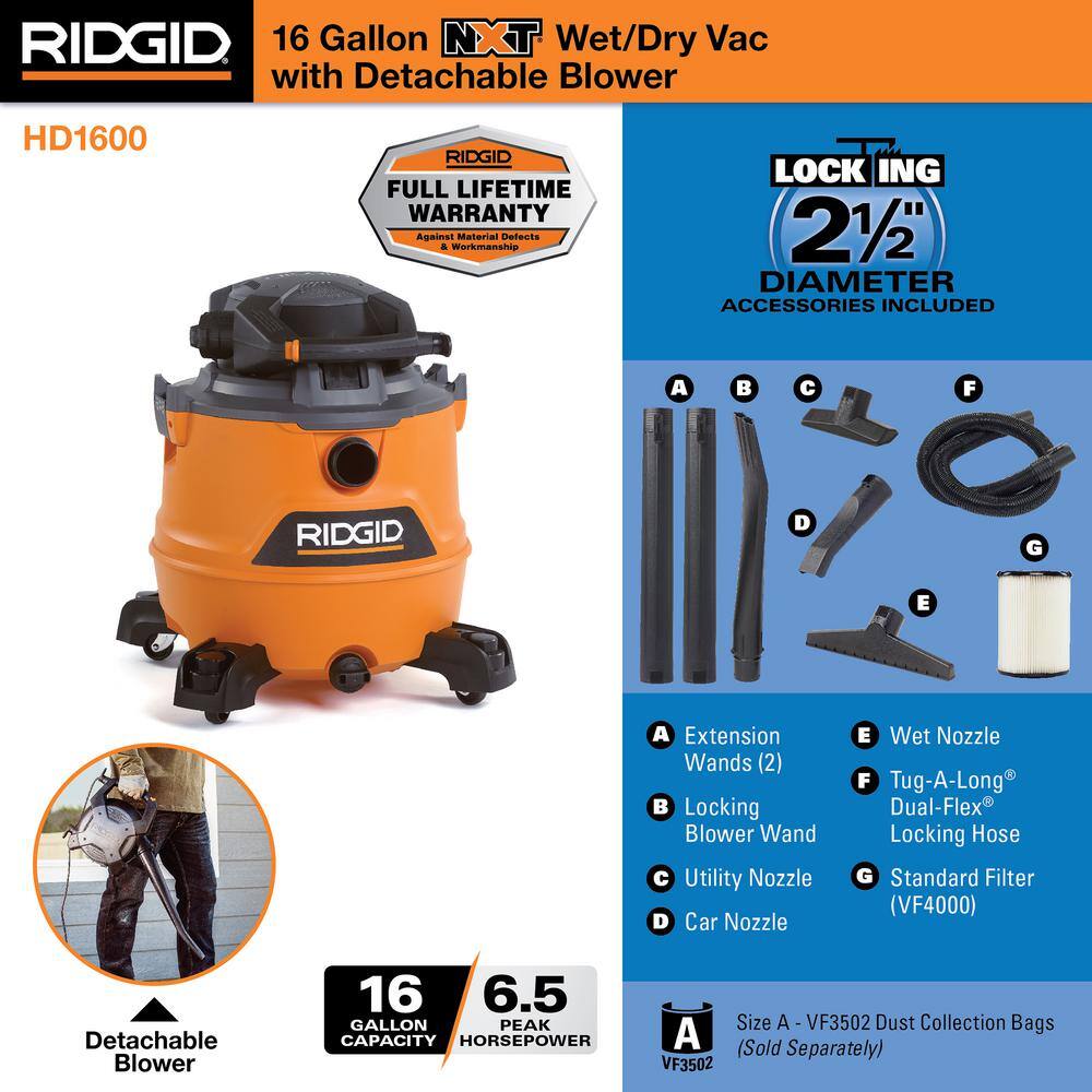 RIDGID 16 Gallon 6.5 Peak HP NXT WetDry Shop Vacuum with Detachable Blower Filter Locking Hose and Accessories HD1600