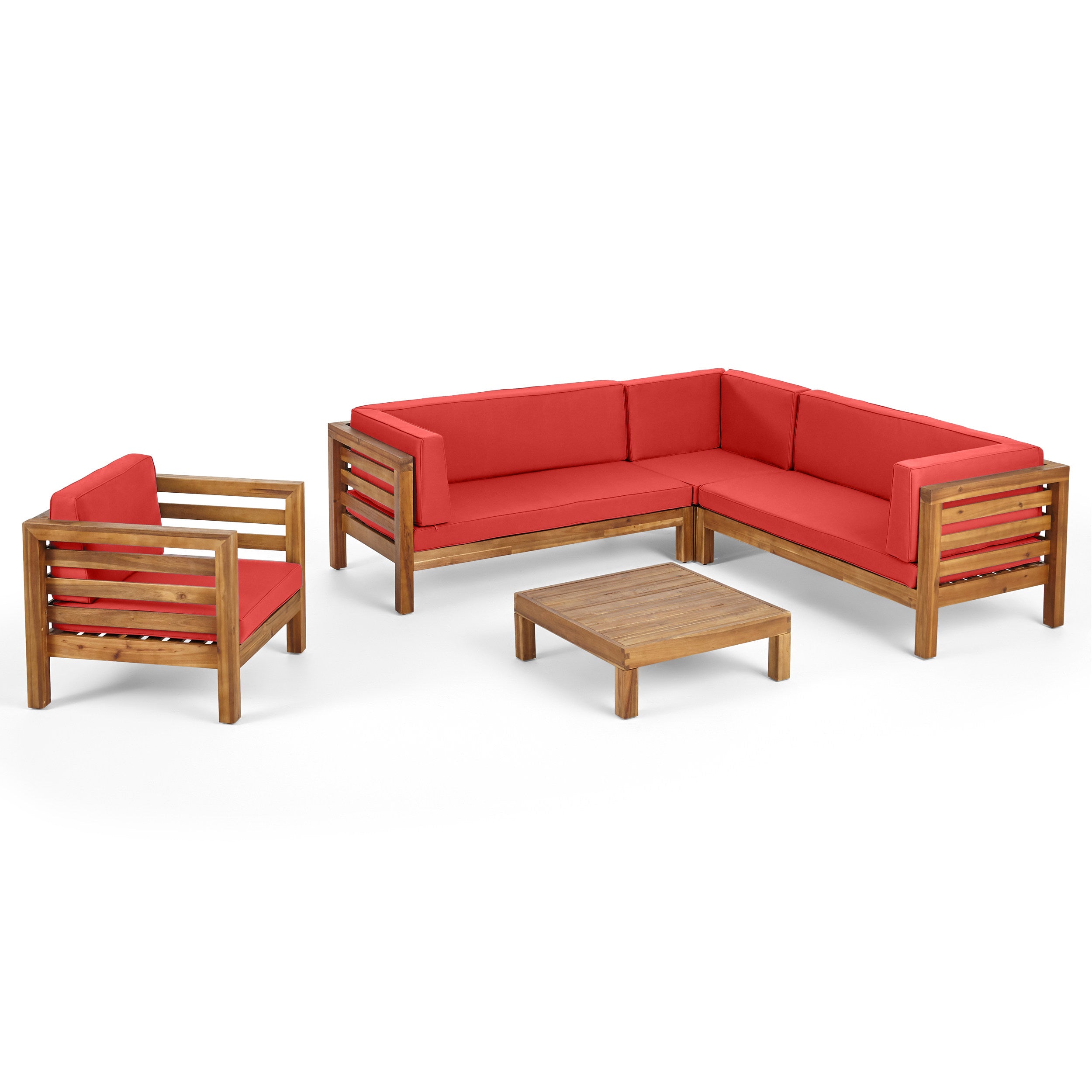 Emma Outdoor 6 Seater Acacia Wood Sectional Sofa and Club Chair Set