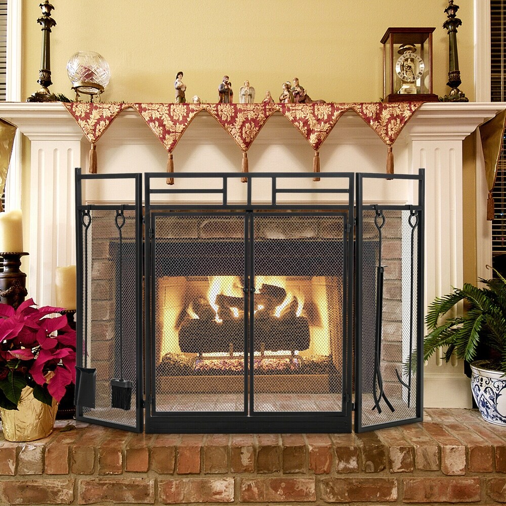 Gymax 3 Panel Folding Wrought Iron Fireplace Screen W/ Doors   4   See Details