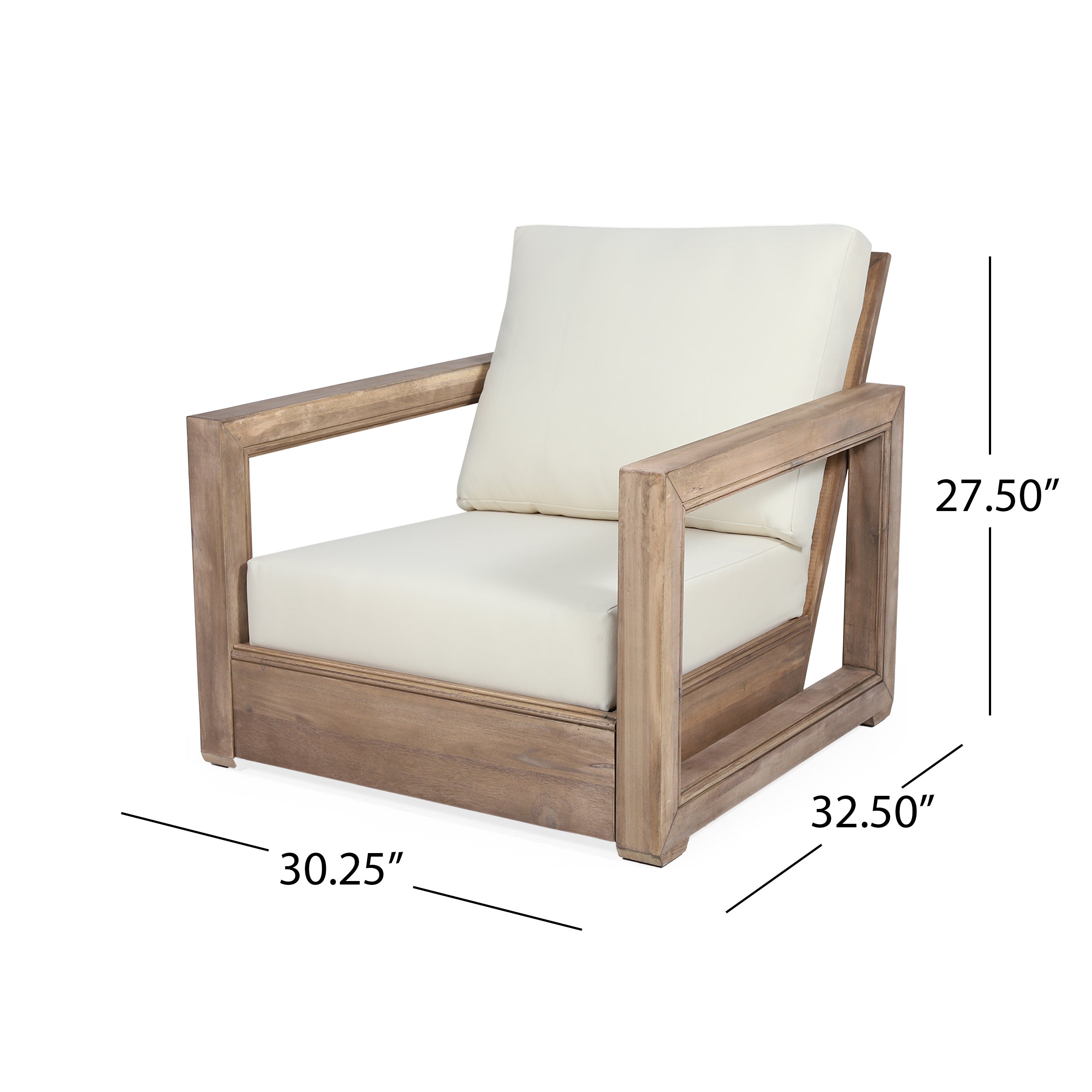 Andrae Outdoor Acacia Wood Club Chair with Cushion, Brown and Beige