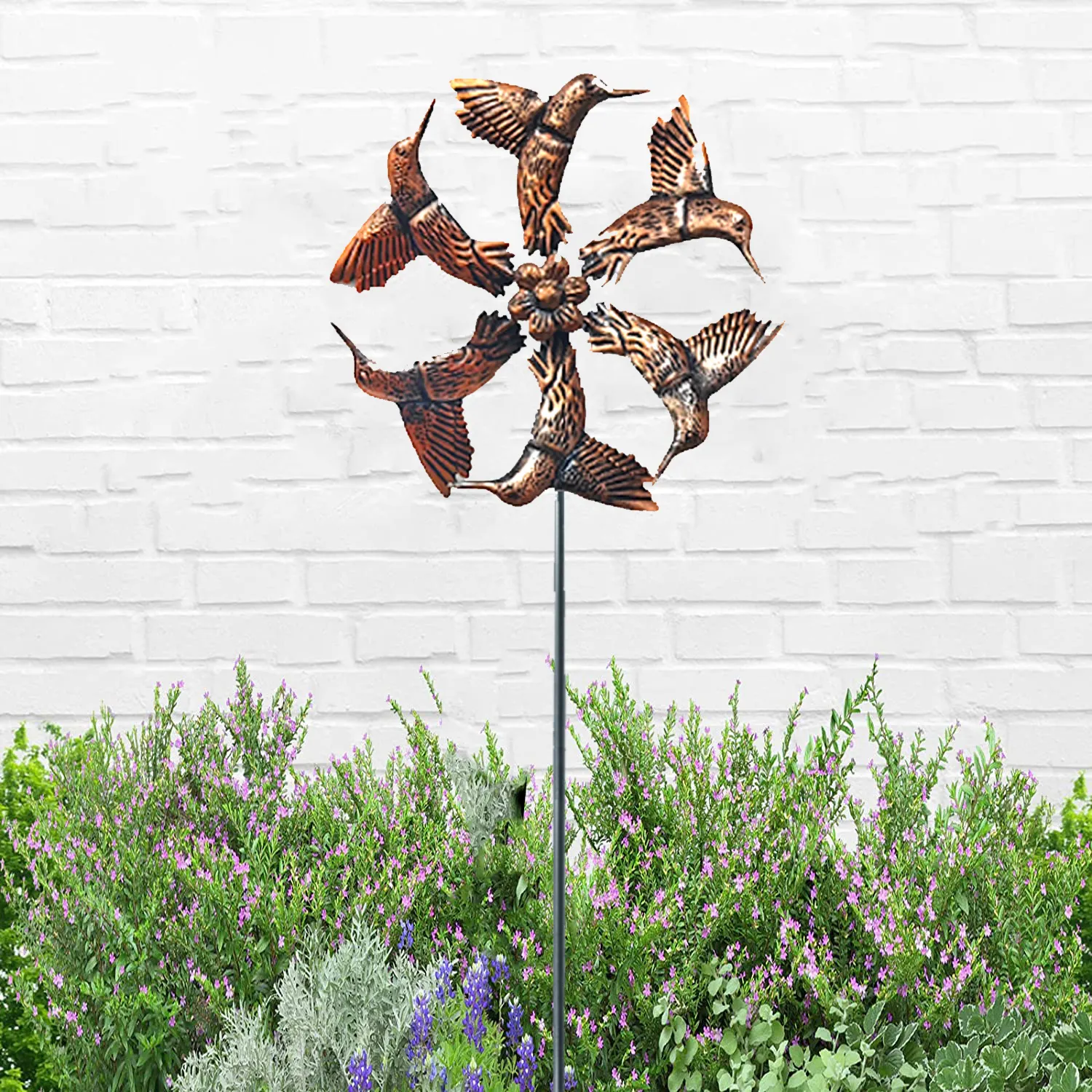 Hummingbird Kinetic Art Windmill Brown Waterproof Outdoor Metal Wind Sculpture Yard Lawn Decor Outside Metal Wind Spinner Stakes