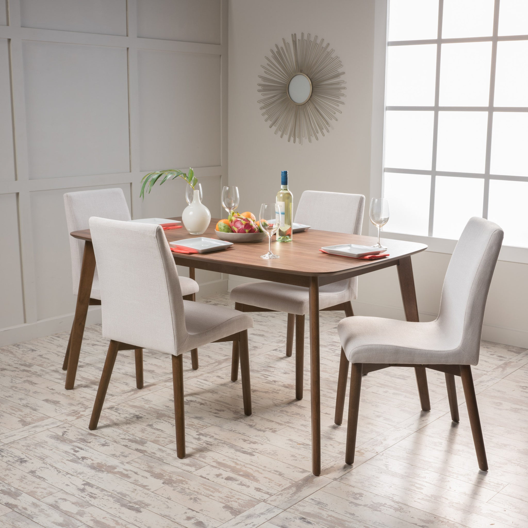 Oneida Mid-Century Modern 5 Piece Dining Set, Light Beige and Walnut