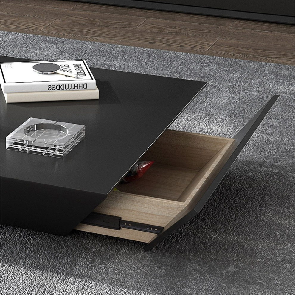 Modern Black Wood Coffee Table with Storage Square Drum with Drawer   Transitional   Coffee Tables   by Homary International Limited  Houzz