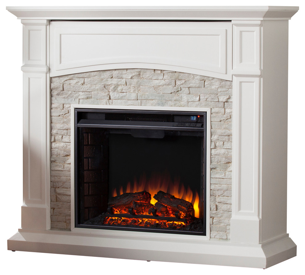 Witrock Electric Media Fireplace  White With White Faux Stone   Traditional   Entertainment Centers And Tv Stands   by SEI  Houzz