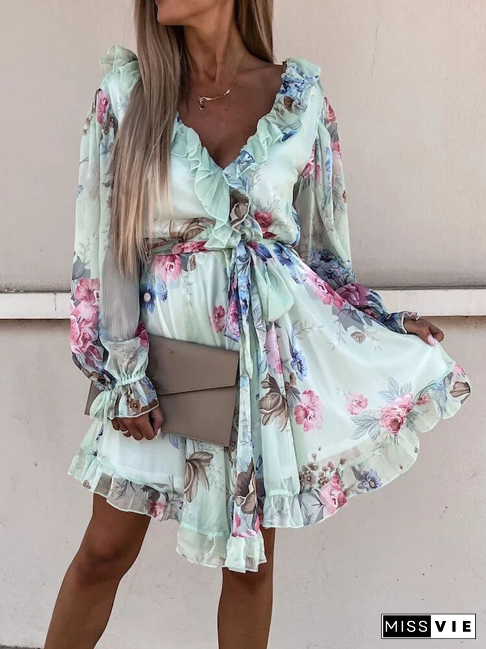 Female Sexy Deep V-Neck Ruffle Lace-up Mini Dress Elegant Floral Print Long Sleeve Women Dress Fashion Chic Draped Party Dresses