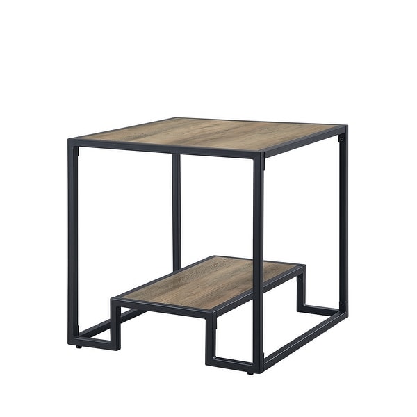 End Table in Rustic Oak and Black Finish KD 2 Storage Shelves Included Metal Frame，End Table