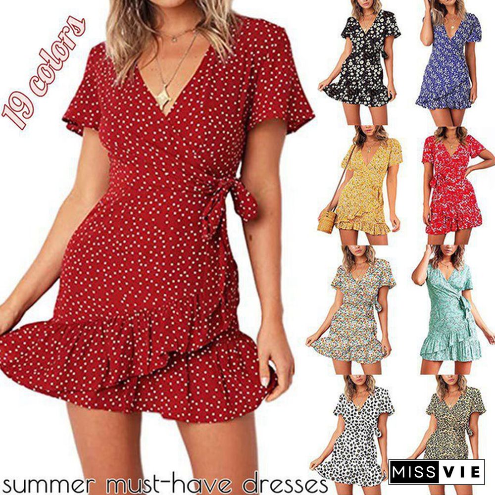 Women's Summer Short Sleeve Print Dress Wrap V Neck Polka Dot Print Ruffle Short Sleeve Mini Floral Dress Casual Short Dresses with Belt