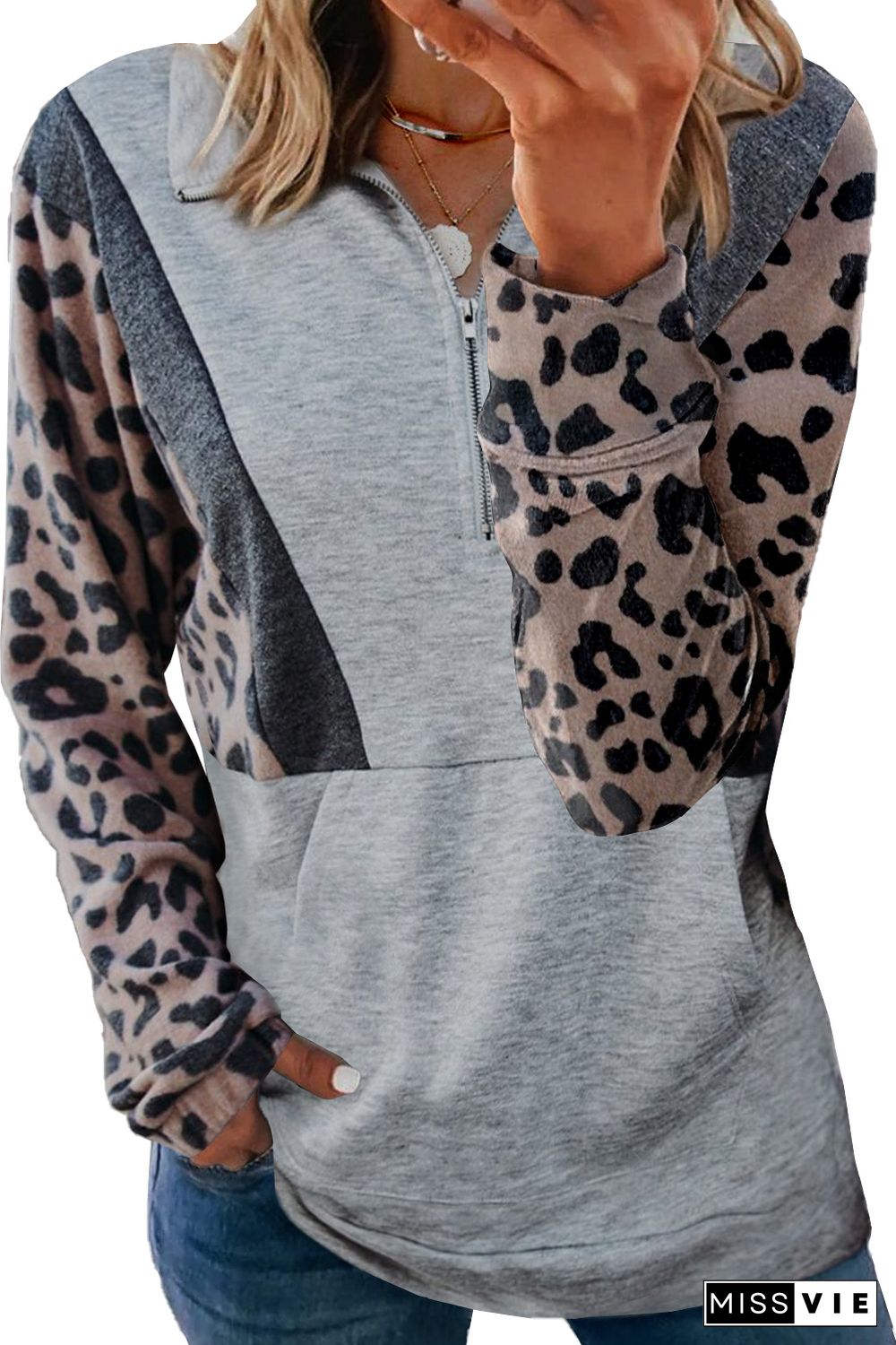 Gray Pocketed Half Zip Leopard Pullover Sweatshirt