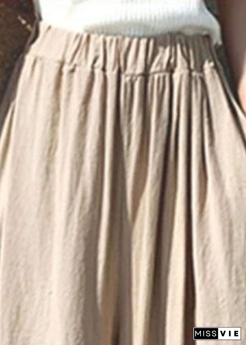 Women Khaki Elastic Waist Solid Color Cotton Wide Leg Pants Summer