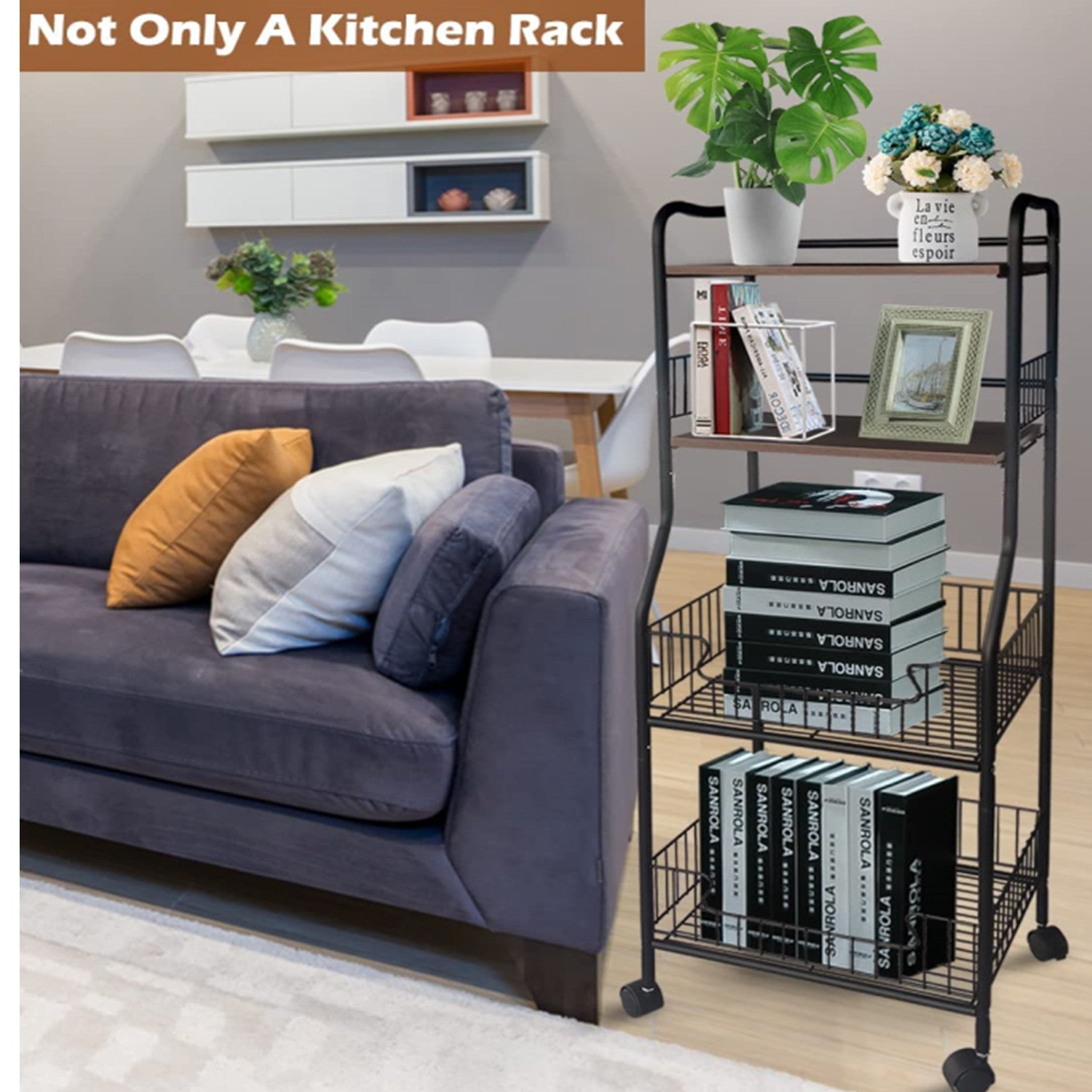 Nisorpa 4-Tier Kitchen Standing Shelf with Rolling Wheels， Baker Rack for Kitchen with Storage as Home Gift， Black