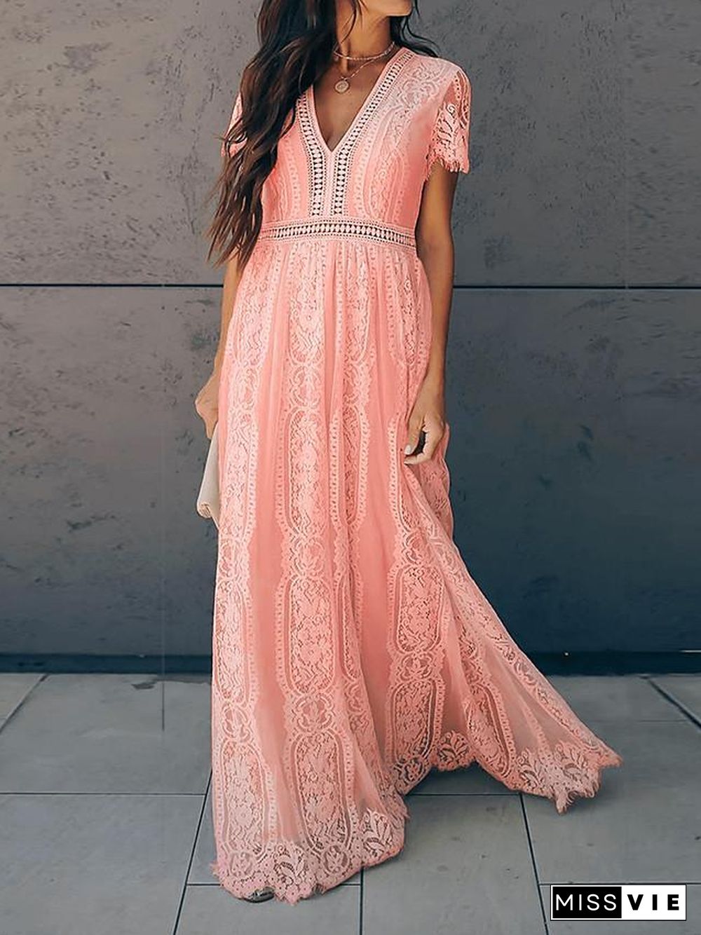 Women's Swing Dress Maxi long Dress Short Sleeve Solid Color Tassel Fringe Lace Summer Hot Vintage Blushing Pink S M L XL XXL