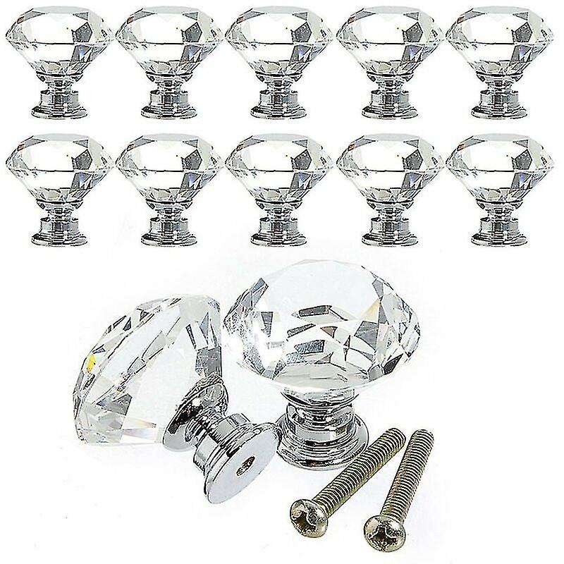 10 Pcs 30mm Glass Cupboard Knobs Crystal Diamond Shape Pull Handle For Dresser Drawers Wardrobe Kitchen Cupboards