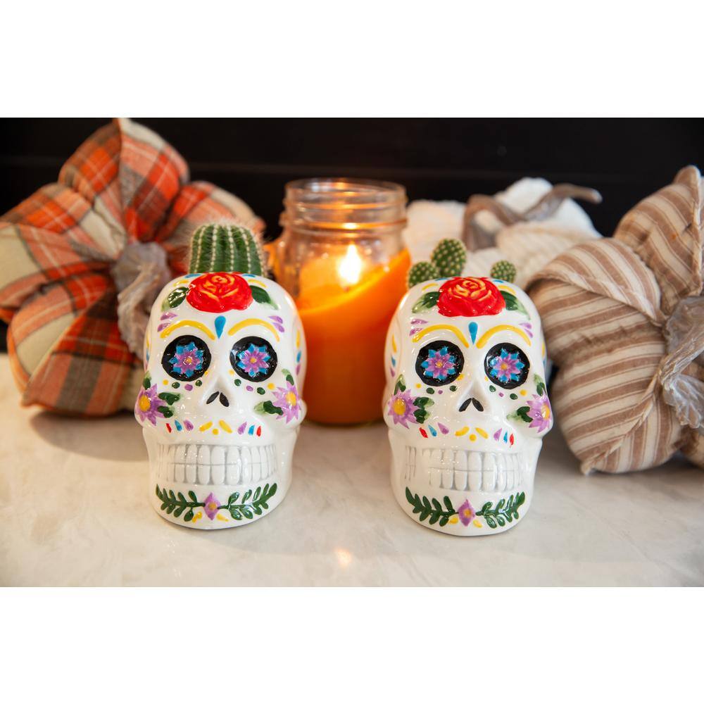 Flora Bunda 4 in. Day of the Dead Colorful Ceramic Skull Planters (Set of 2) CT1651E2