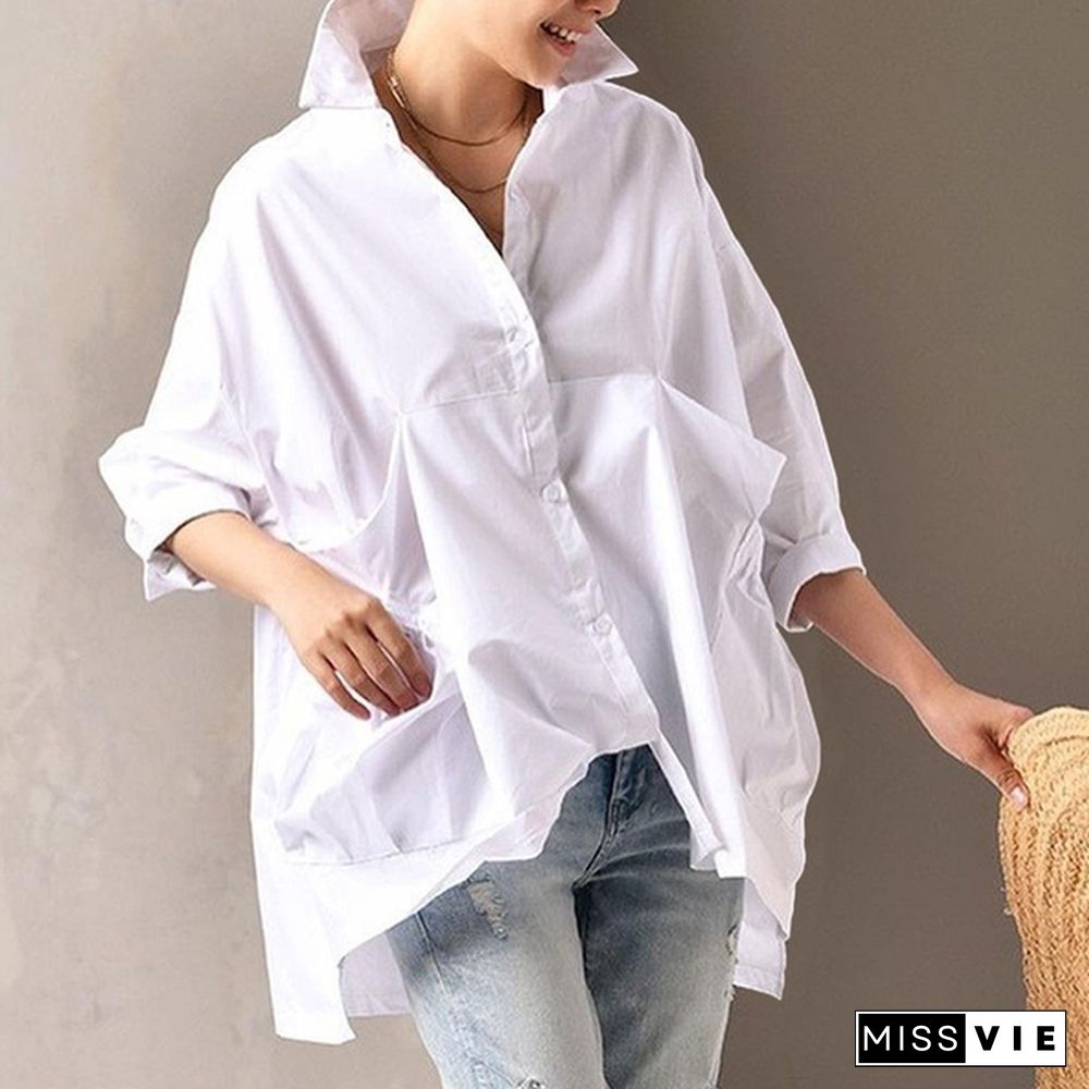 Plus Size Women Casual Baggy Long Sleeved Irregular Hem Tops Lapel Button Up Blouse Shirts With Pockets Blusas Femininas