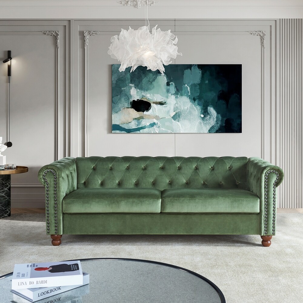 Modern Tufted Fabric Sofa Velvet Upholstered Couch High Tech Fabric for Living Room Sofa with Nailheads Arms and Wood Legs