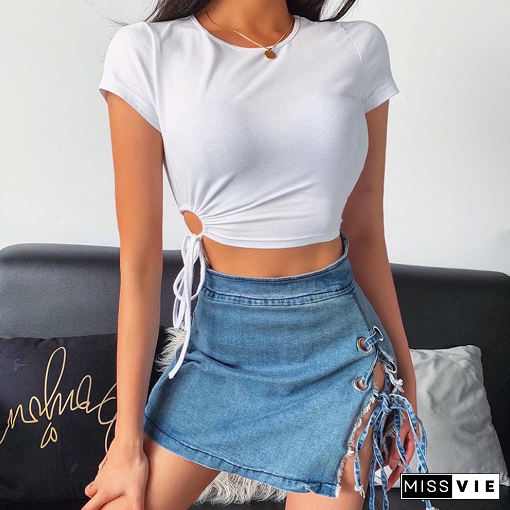 White T Shirt Crop Tops Women Summer Short Sleeve Solid Round Neck Short Tee Top Drawstring Slim Fashion Female Shirts