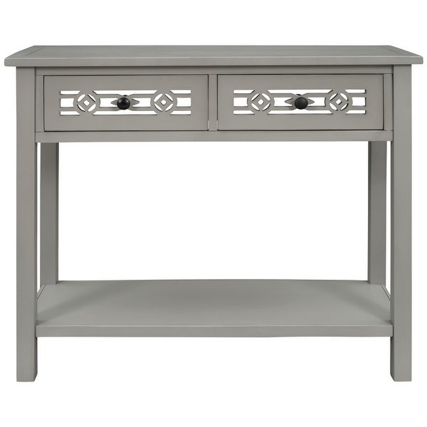 Classic Console Table with Hollow-out Decoration Two Top Drawers and Open Shelf Large Storage Space