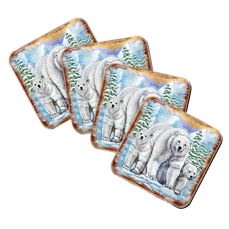 Polar Bear Family Wooden Cork Coasters Gift Set of 4 by Nature Wonders