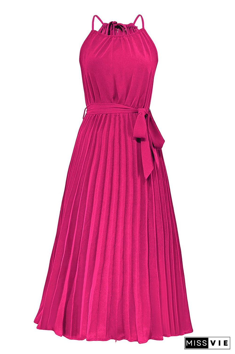 Plain Halter Pleated Maxi Dress With Sash