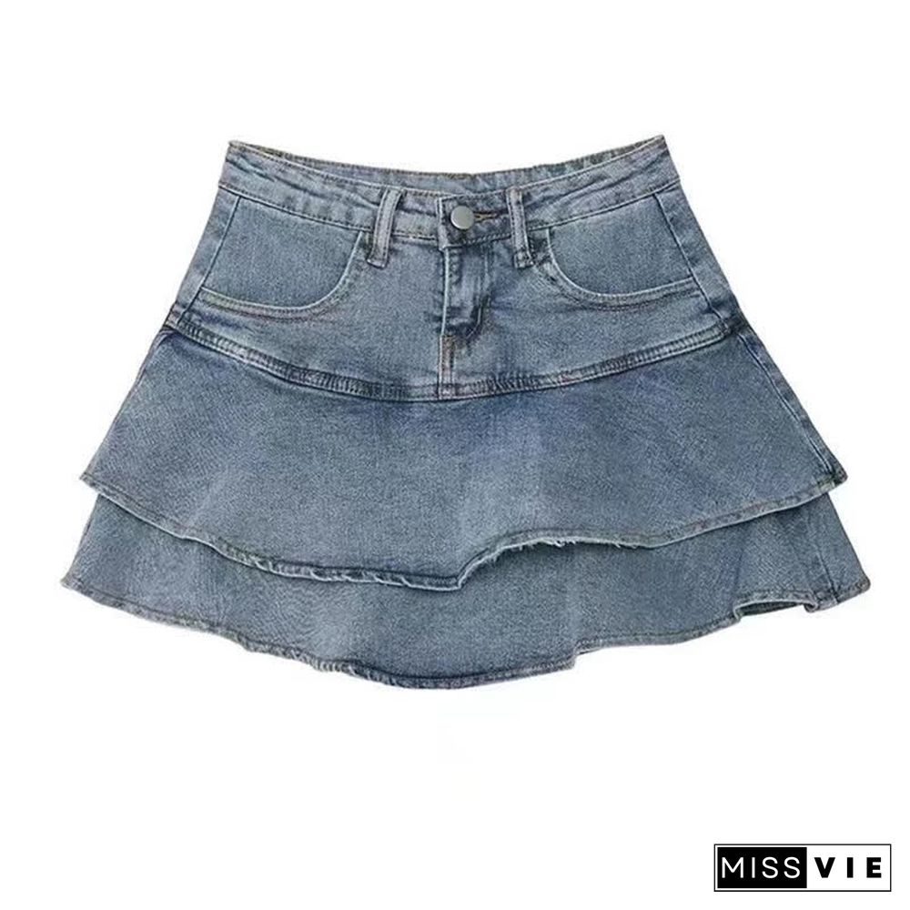 Chiffon Cardigan Lace Cami Top Undershorts High Waist Tiered Mini Denim Skirt