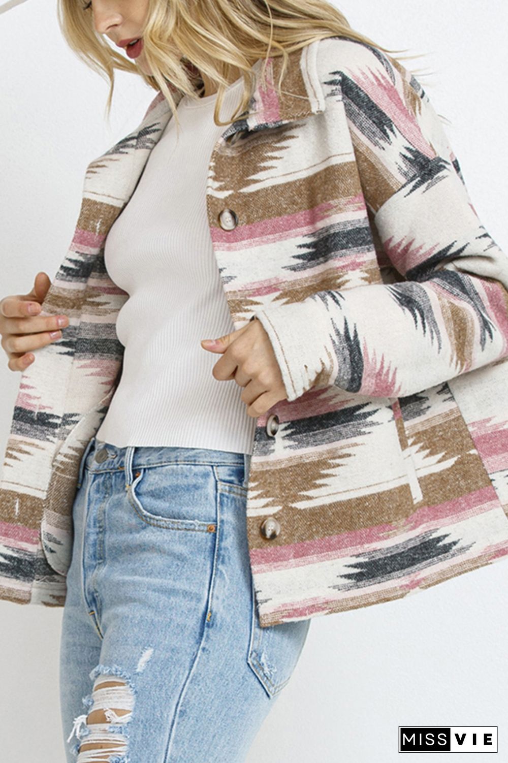 Lapel Button Up Aztec Jacket Coat