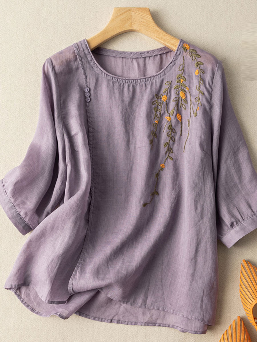 Round Neck Casual Loose Embroidered Mid Sleeve Blouse