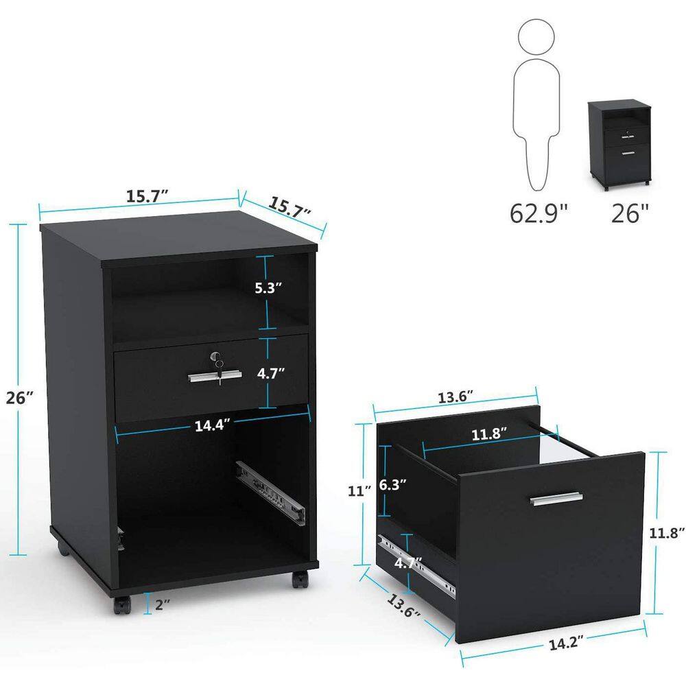 BYBLIGHT Atencio Black Mobile File Cabinet with Lock 2-Drawer Wood Filing Cabinet for Letter Size BB-C0343XF