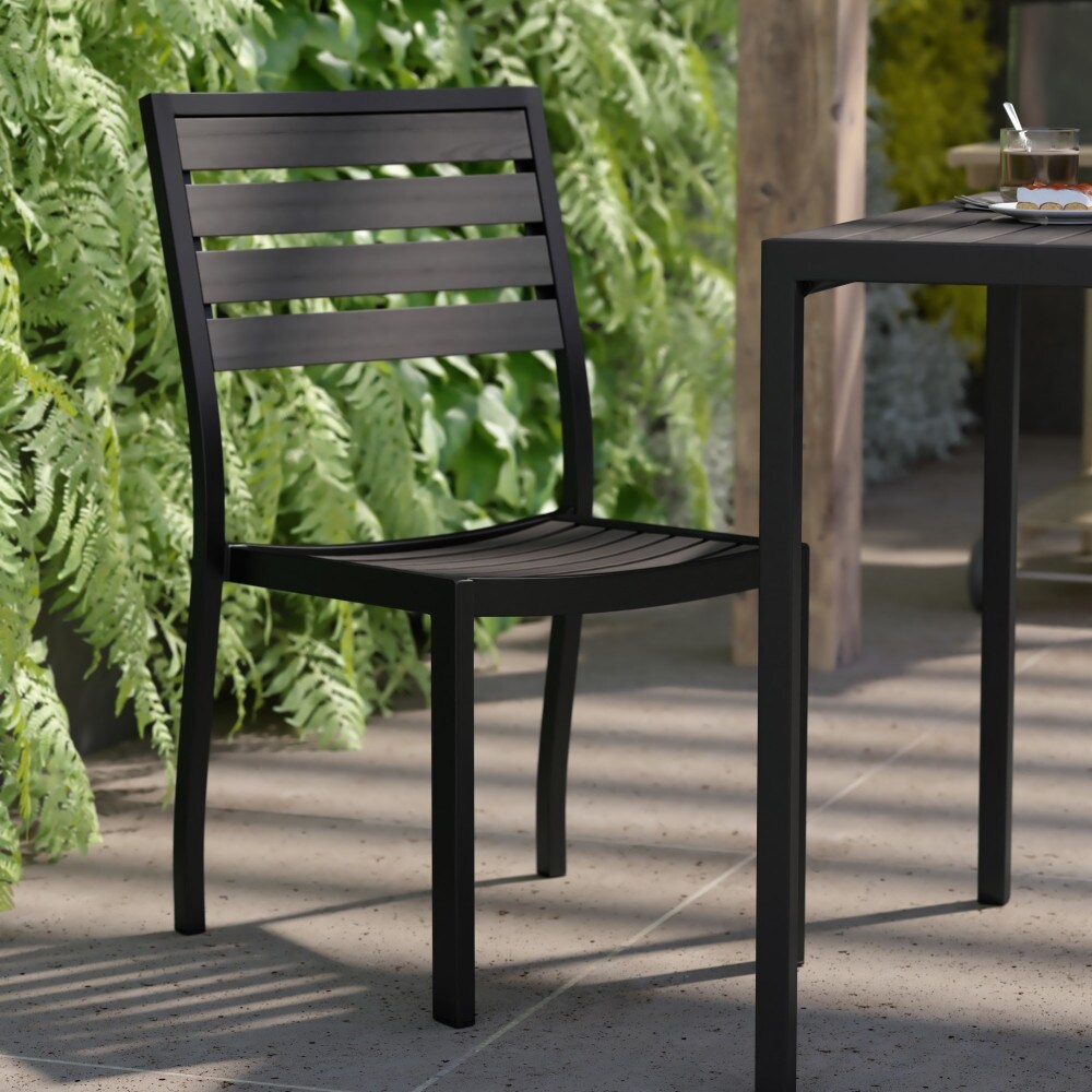 2 Pack Outdoor Faux Teak Side Chair with Poly Slats   Teak Patio Chair