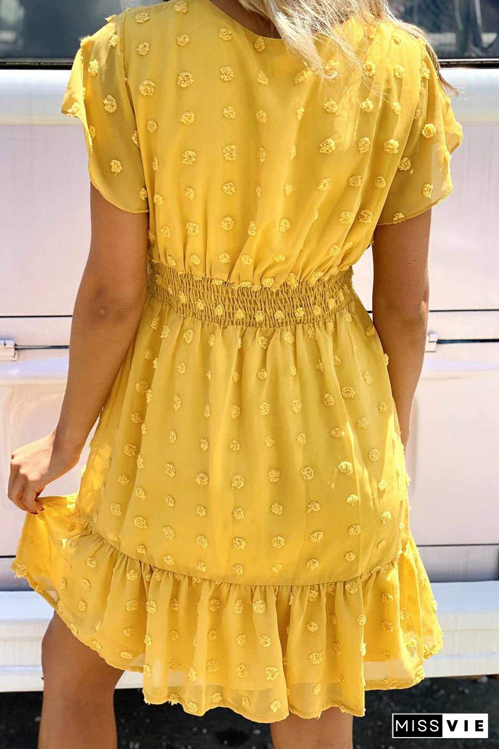 Yellow Polka Dot V Neck Ruffled Short Sleeves Mini Dress