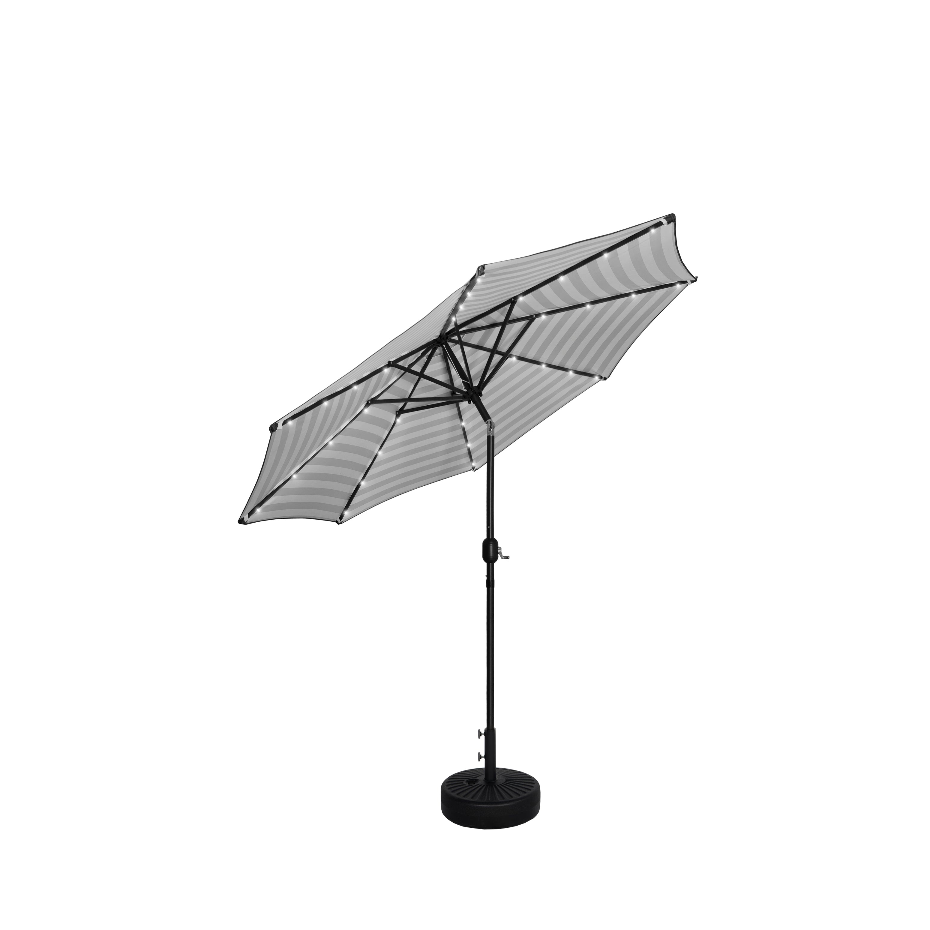 Westin Outdoor 9 Ft Solar LED Market Patio Umbrella With Black Round Free Standing Base Included, Gray/White Stripe