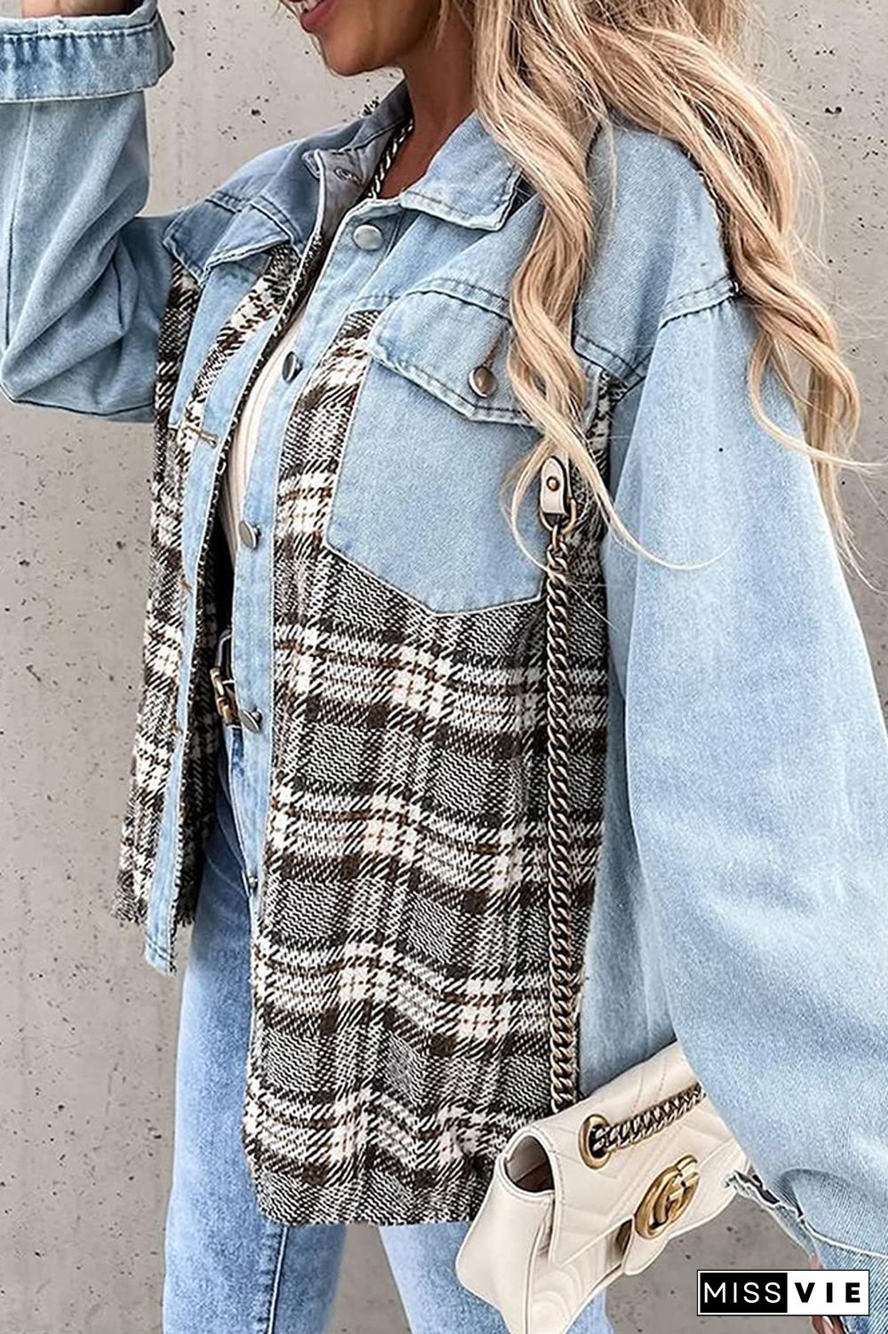 Plaid Splicing Open Button Denim Jacket