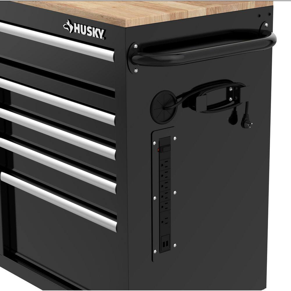 Husky 46 in. W x 18 in. D 9-Drawer Gloss Black Mobile Workbench Cabinet with Solid Wood Top H46X18MWC9BLK